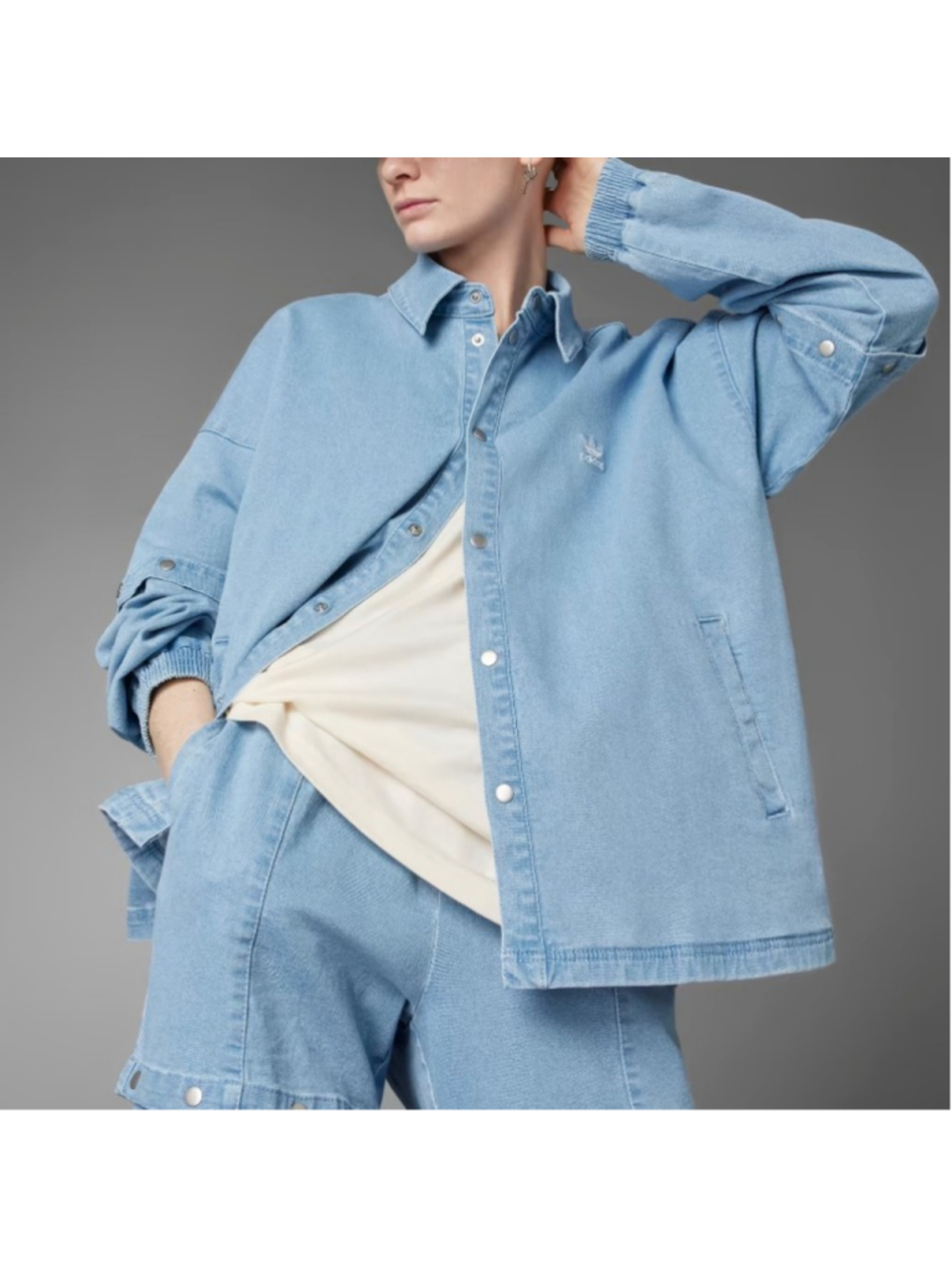 Adidas Light Blue Jean Always Original Denim Track Jacket Snap Buttons Oversized